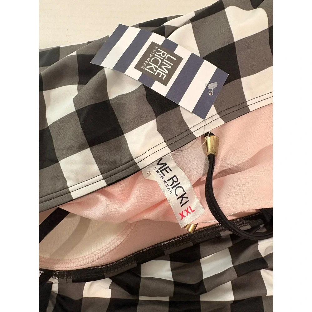 Lime Ricki Black White Buffalo Plaid Ruched Tankini Swim Top XXL NEW
